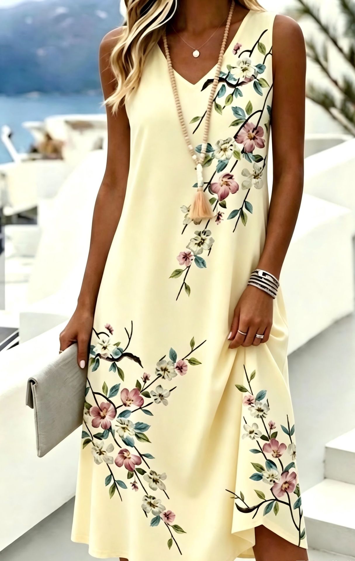 Women's Floral Print Deep V-Neck Bodycon Midi Dress Sleeveless Casual
