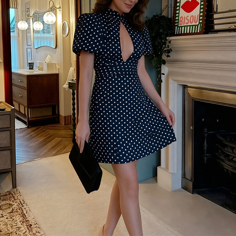 Polka Dot Cutout Puff Sleeve Dress