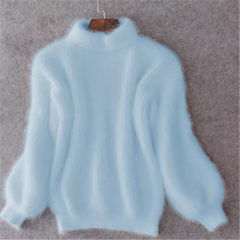 Korean Lantern Sleeve Mink Hair Half Turtleneck Pullover Sweater