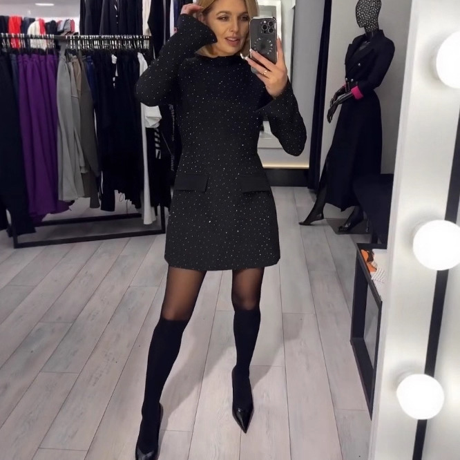 Rhinestone Bodycon Mini Dress with Long Sleeves and Round Neck