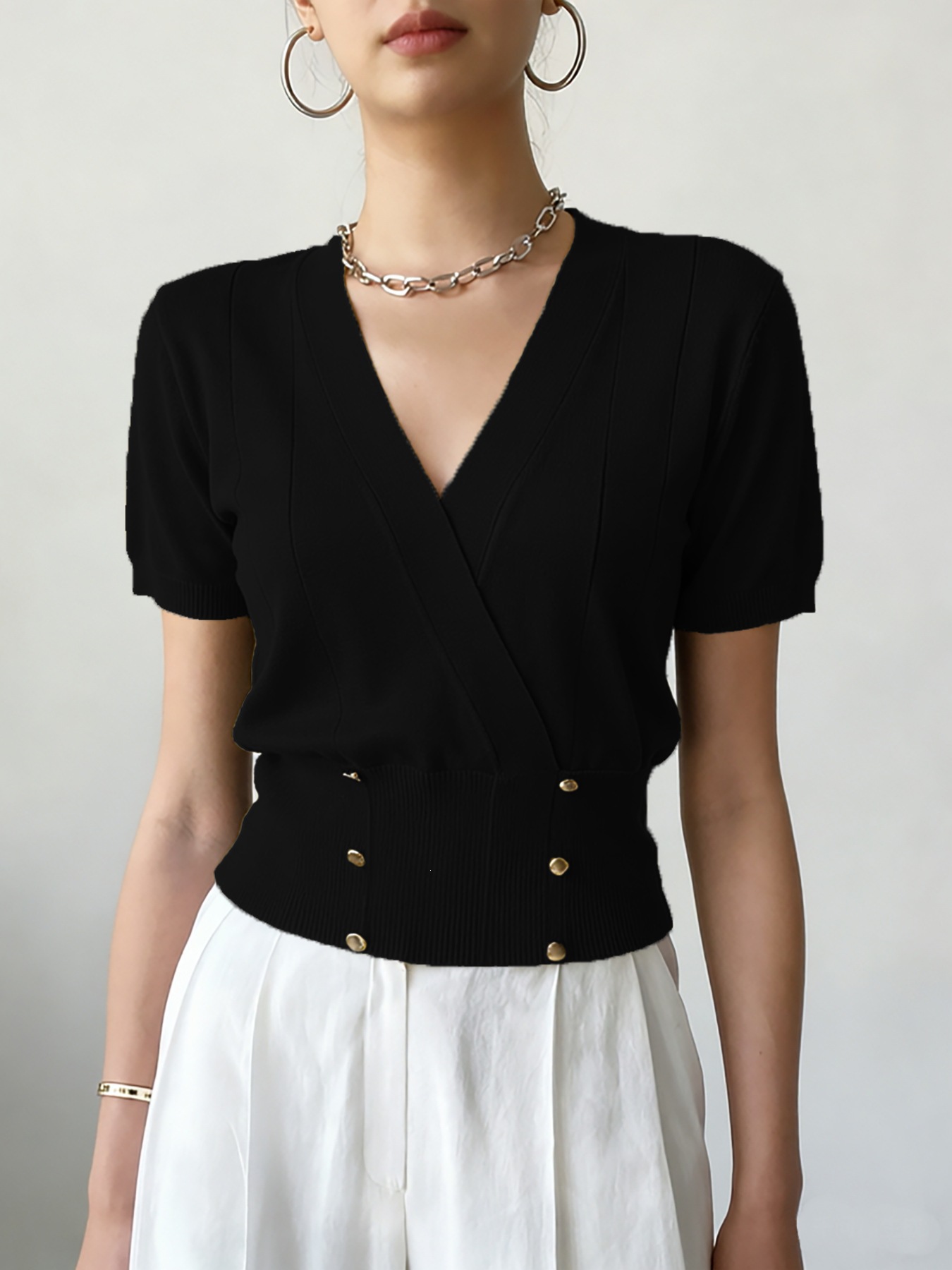 Women's Knit Sweater with Cross V-Neck and Faux Button Waist