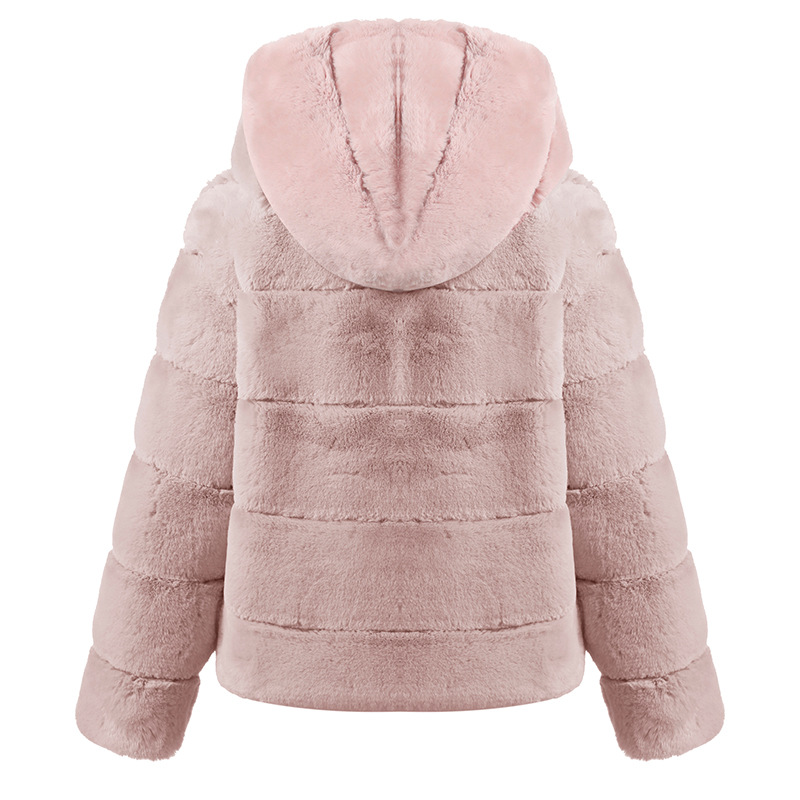 Faux Fur Hooded Coat Short Solid Color Loose Color-Block