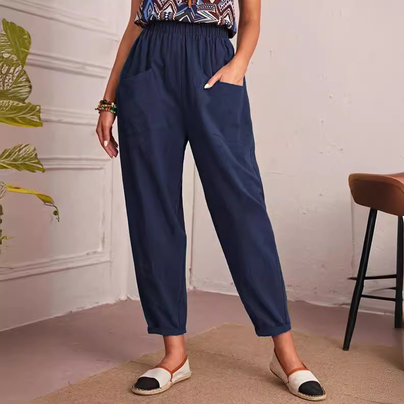 Women's All-Season Cotton-Blend Cropped Pants with Elastic Waist and Slant Pockets
