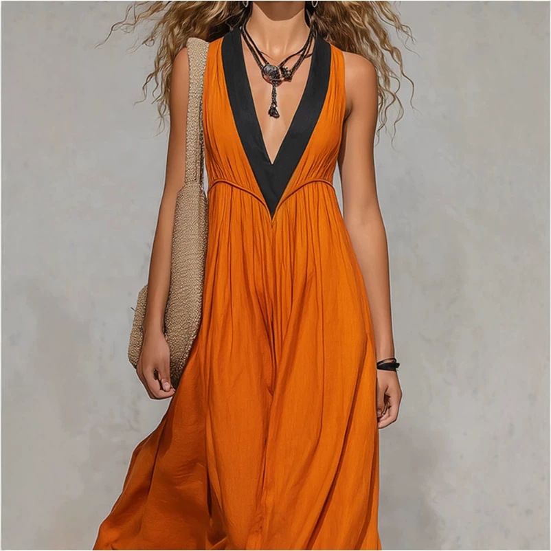 Orange Color-Block V-Neck Sleeveless Maxi Dress