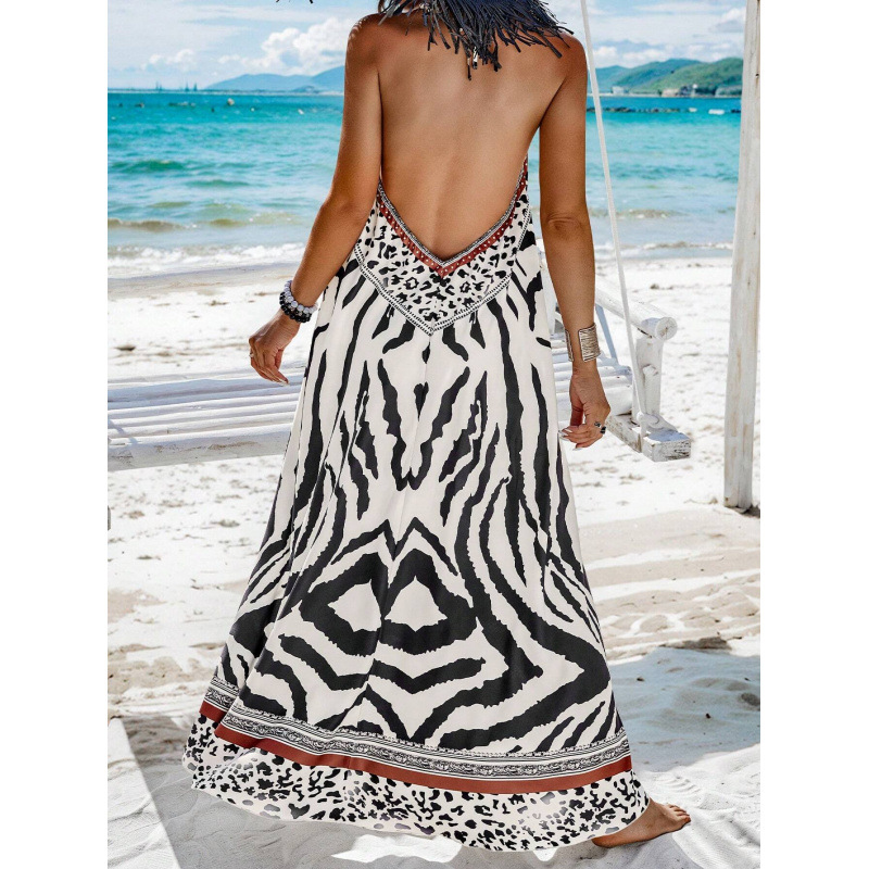 Animal Print Halter Open-Back Dress