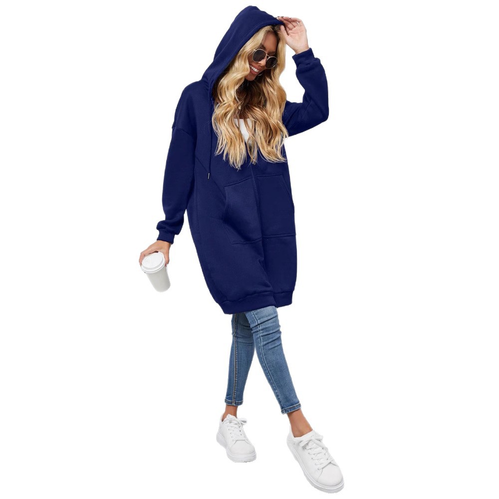 Women's Zip-Up Hooded Cardigan Sweatshirt Jacket with Pockets, Mid-Long Loose Fit