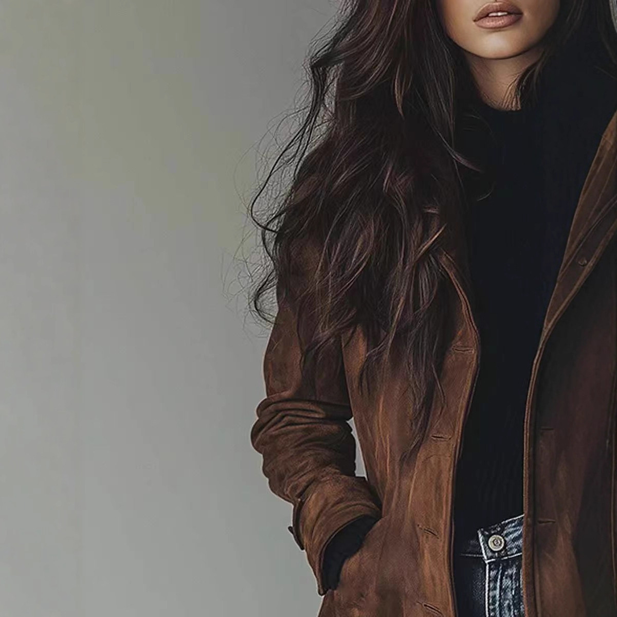 Faux Suede Long Trench Coat with Lapel Collar