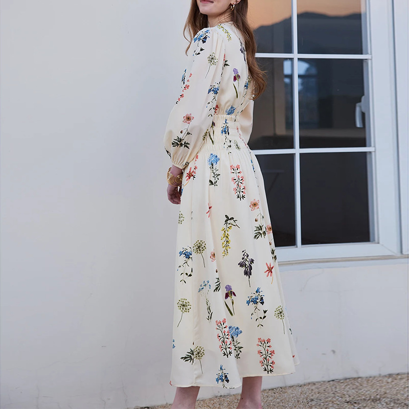Women's Botanical Print Long Dress – Loose Fit A-Line High Waist
