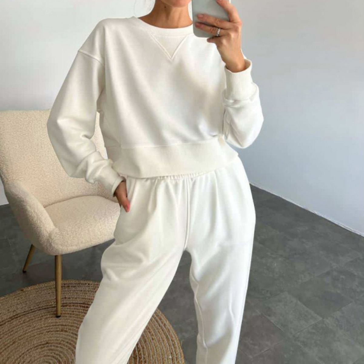 Women's Solid Color Long Sleeve Two-Piece Pants Set Casual