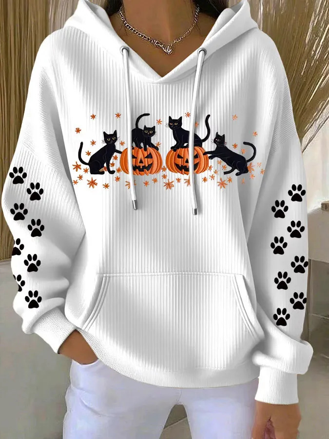 Women's Halloween Cat Pumpkin Paw Print Hoodie