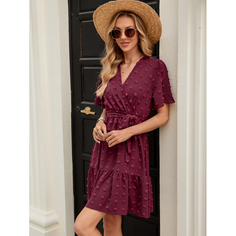 Pom-Pom Lotus Sleeve V-Neck Tie-Waist Dress