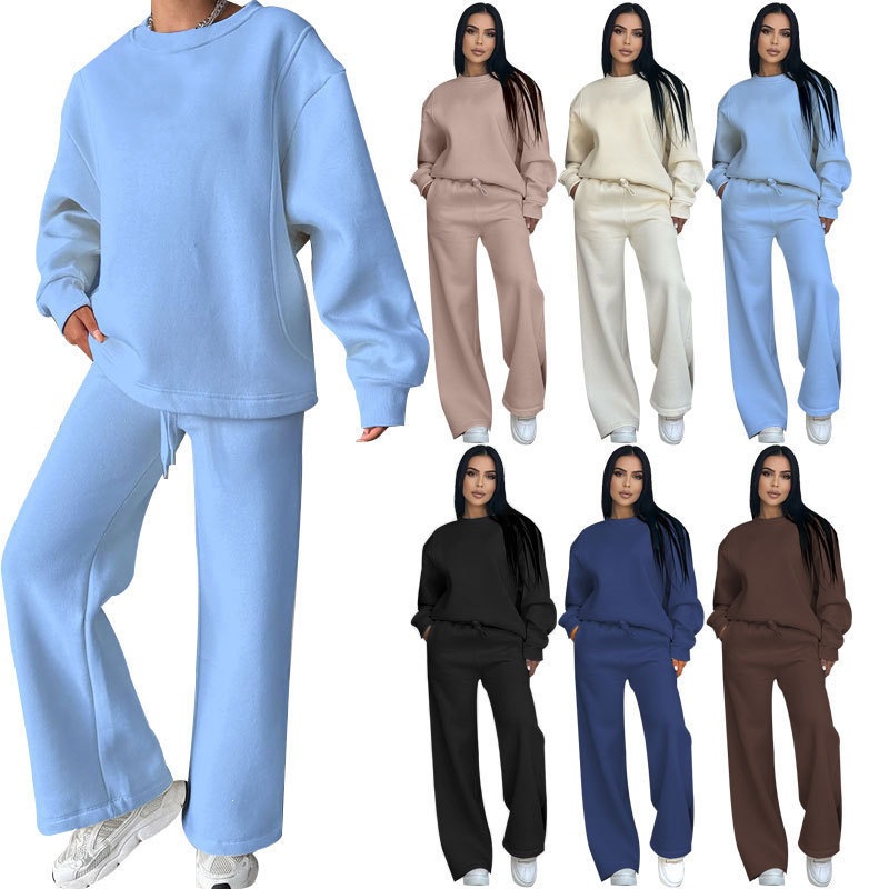 Women's Solid Crewneck Long Sleeve Wide-Leg Pants Set Casual Loose Fit