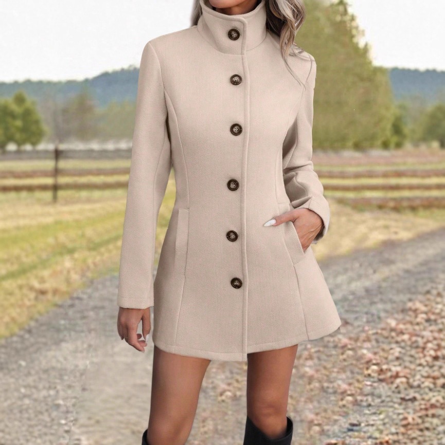 Women's Stand Collar Wool Blend Coat Casual Long Winter Outerwear