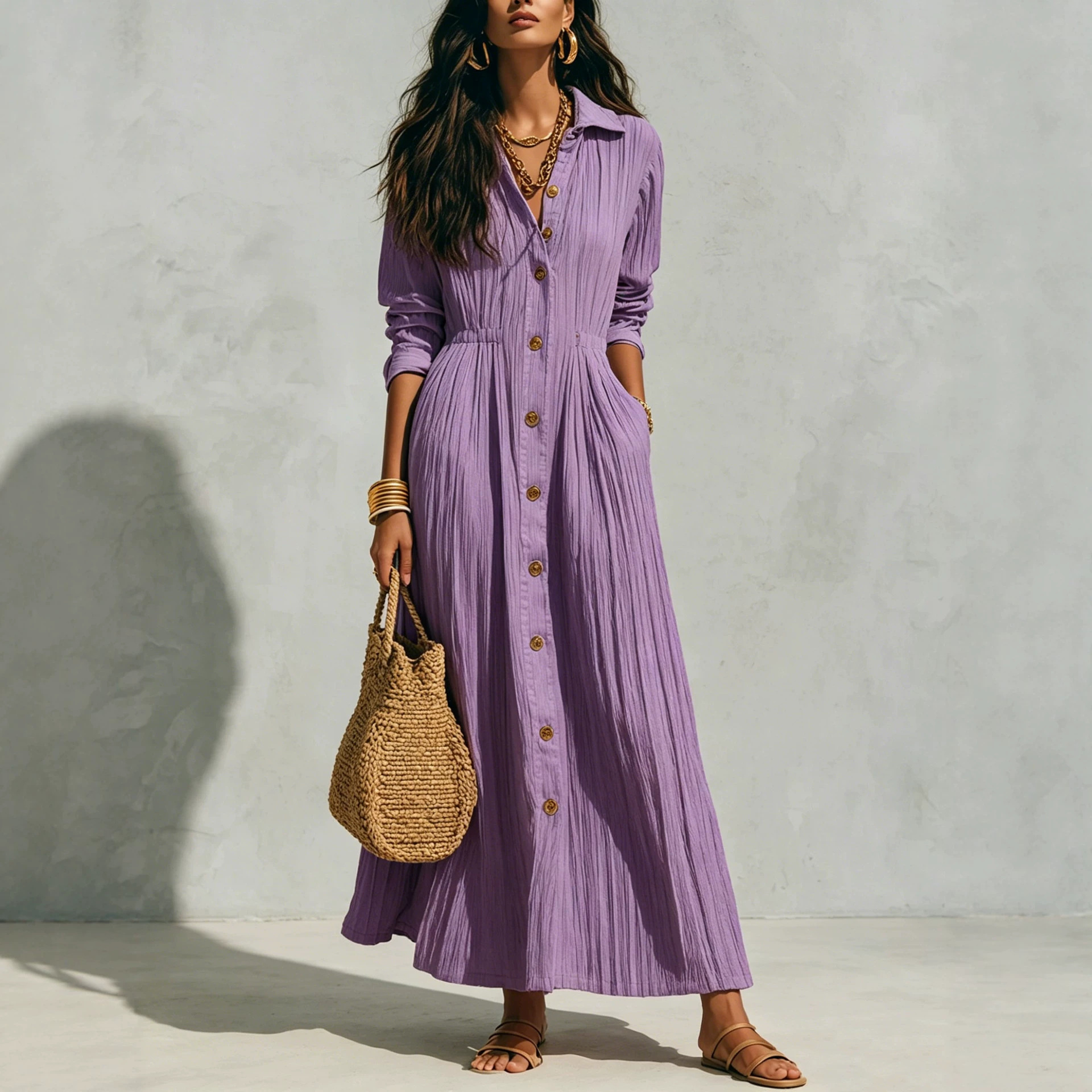 Women's Collared Button-Front Pleated Long Sleeve A-Line Shirt Dress