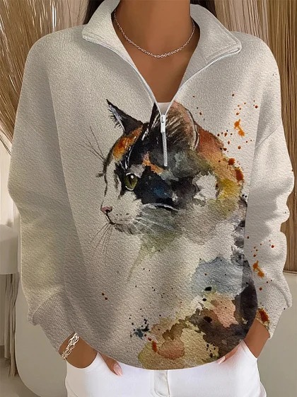 Cat & Moon Print Half-Zip Hoodie for Women