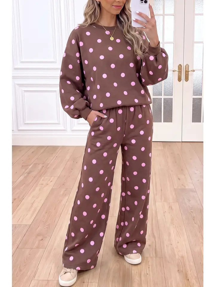Polka Dot Long Sleeve Top and Wide-Leg Pants Two-Piece Set
