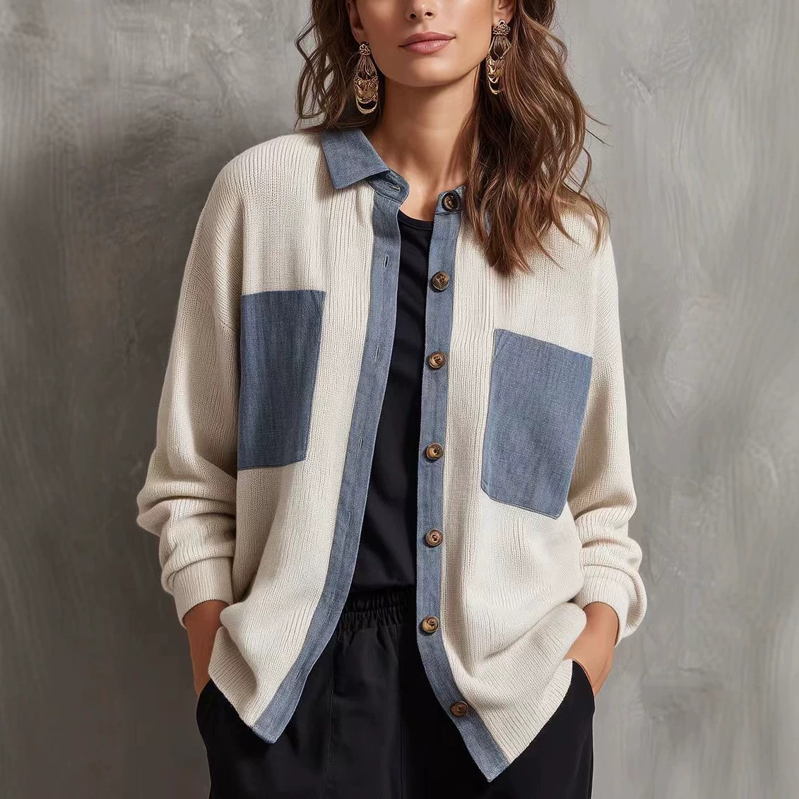 Color-Block Denim-Trim Knit Cardigan with Wood Buttons