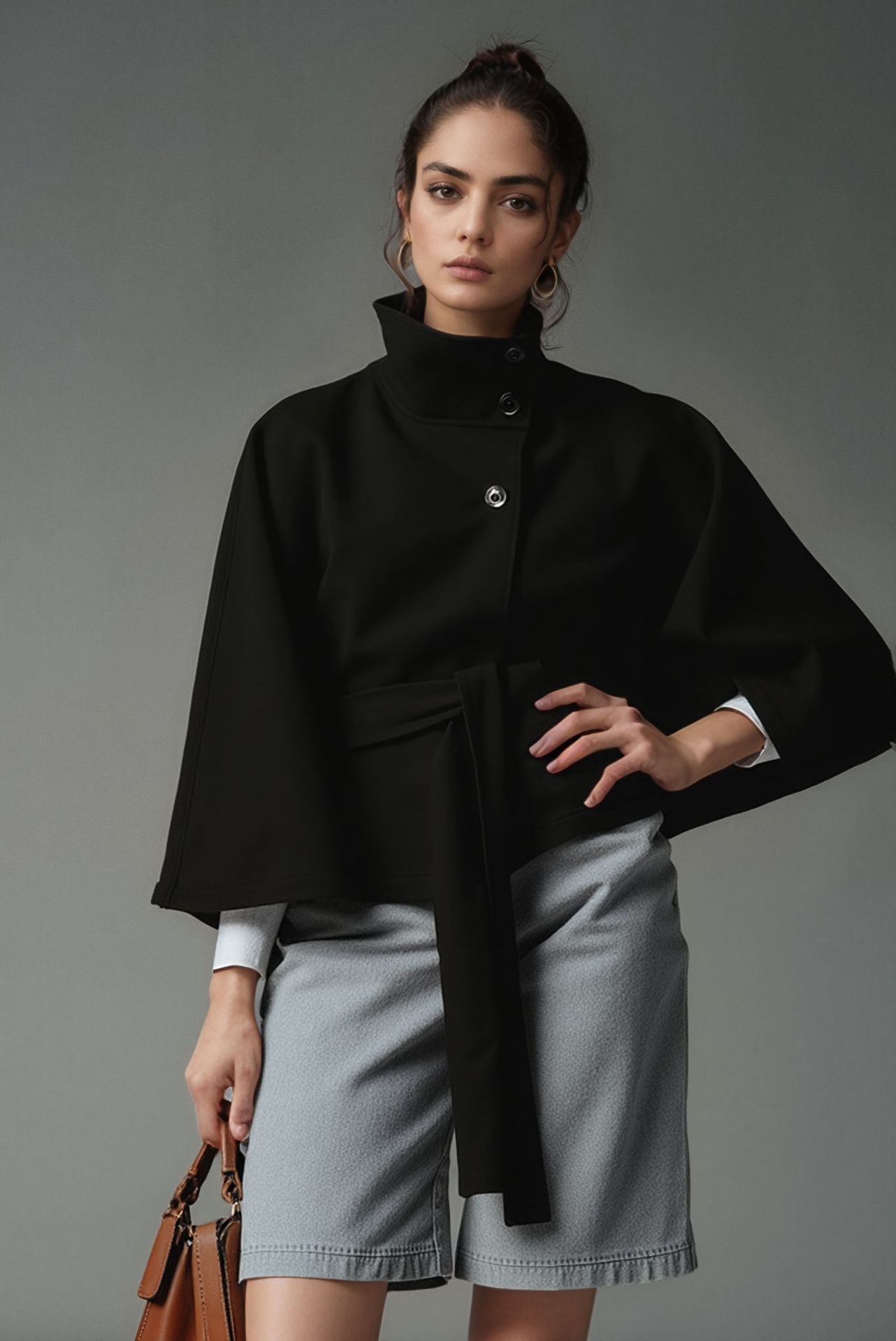 Women's Solid Color Wool-Blend Cape Coat with Stand Collar and Belt