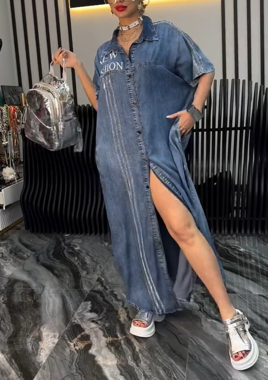 Women's Faux Denim Letter Print Collared Shirt Dress Long A-Line