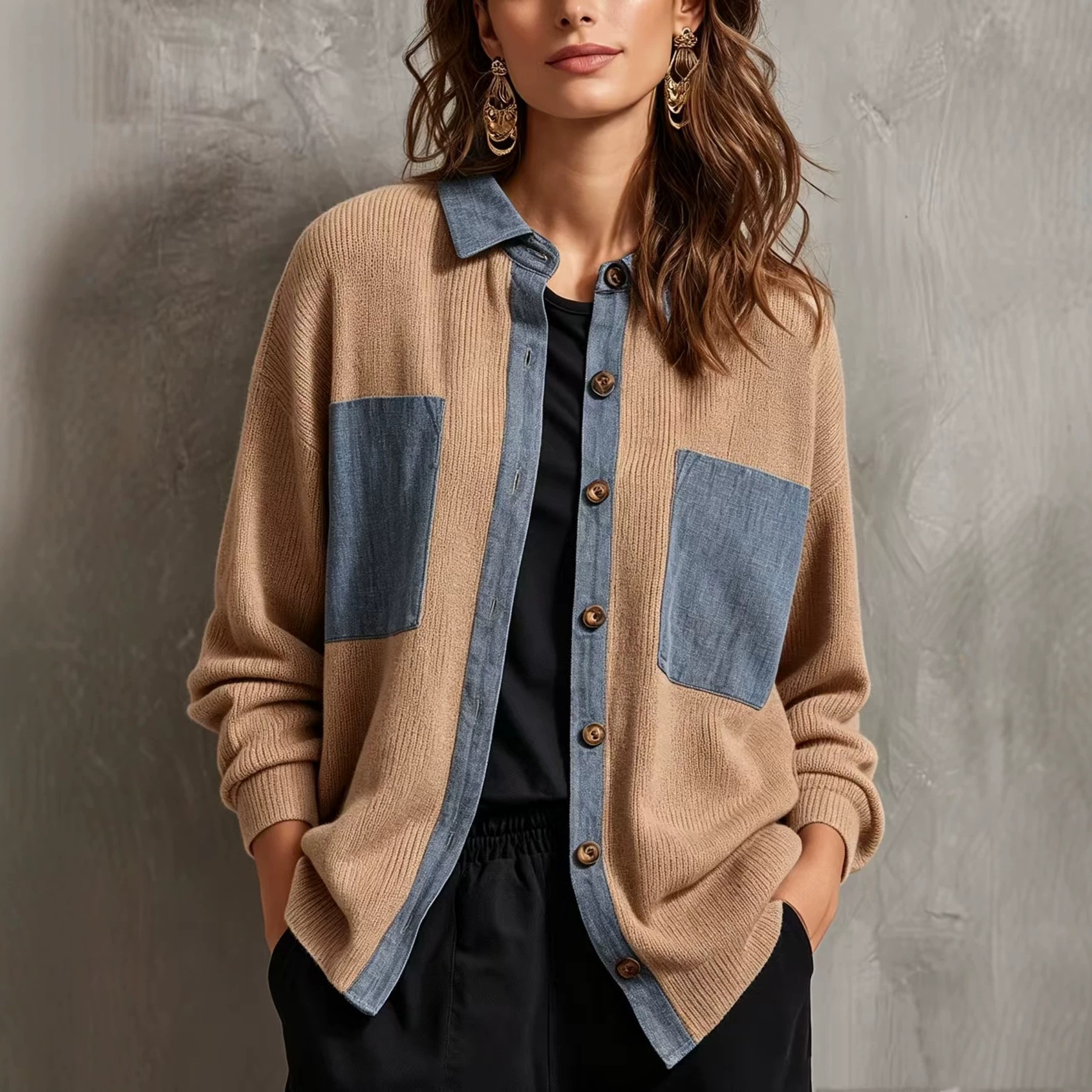 Color-Block Denim-Trim Knit Cardigan with Wood Buttons