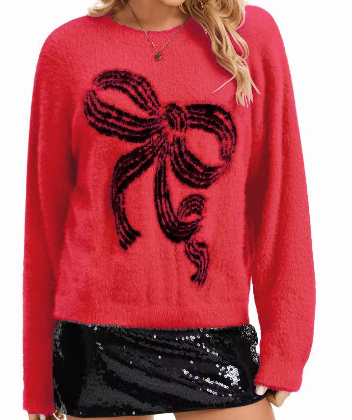 Bow Detail Fuzzy Knit Crewneck Sweater