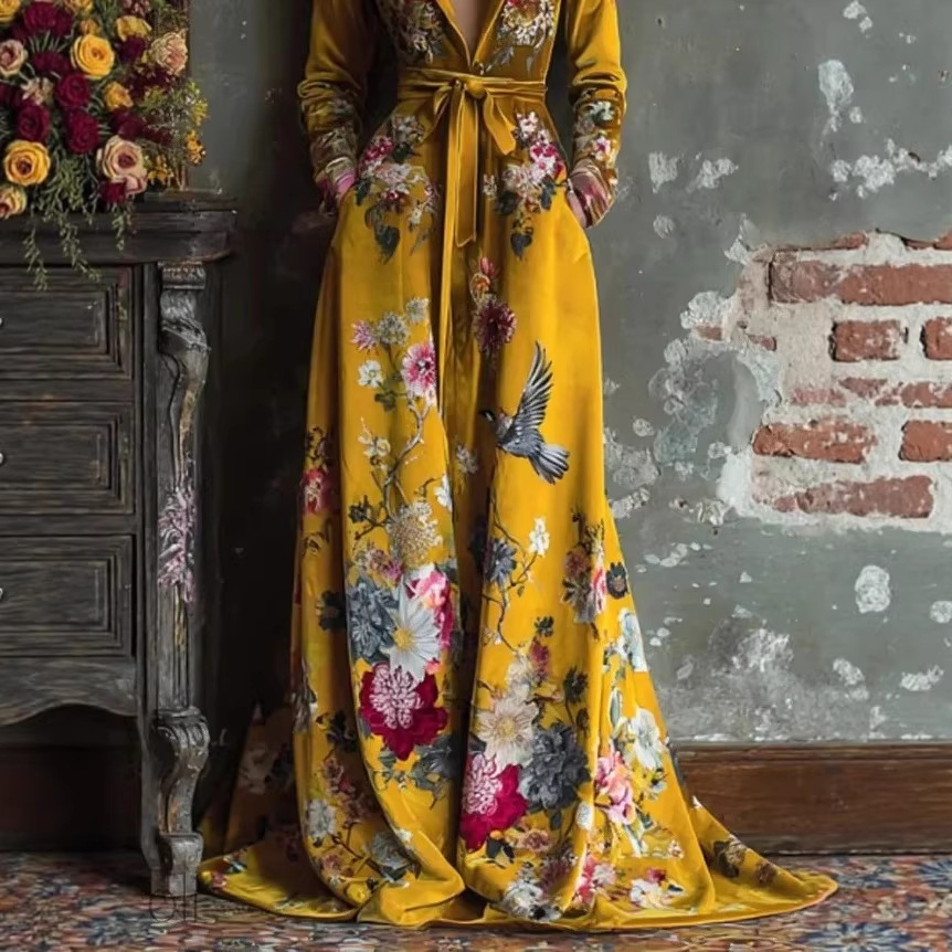 Women's Digital Print V-Neck Long Sleeve Tie-Waist Maxi Dress