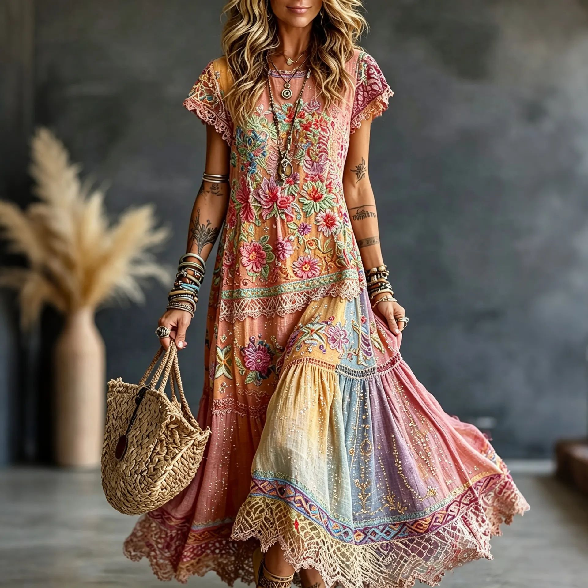 Women's Floral Print Ruched Midi Dress Short Sleeve V-Neck
