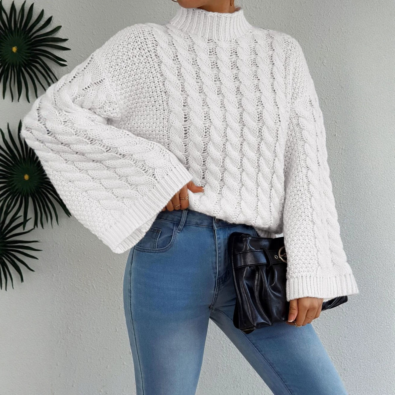 Women's Cable Knit Pullover Sweater, Chunky Loose Fit Crewneck
