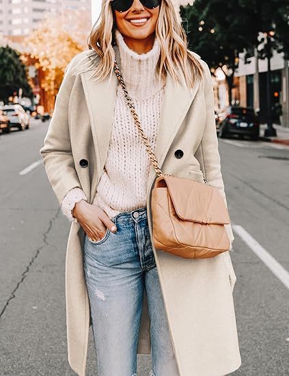Women's Solid Color Double-Breasted Mid-Length Wool Coat with Lapel Collar