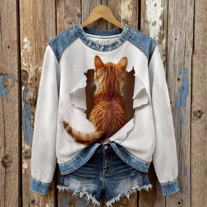 Women's Striped Paw Print Tribal Graphic Crewneck Sweatshirt