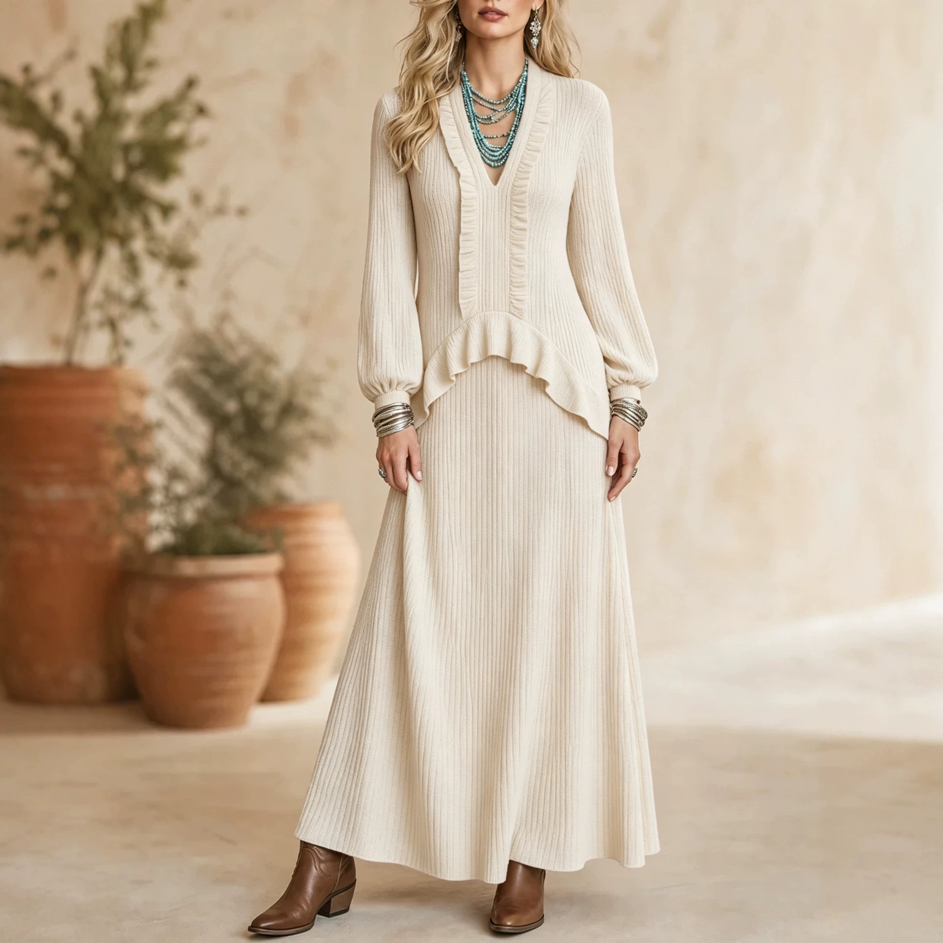 V-Neck Pleated Ruffle Lantern Sleeve Loose Long Dress