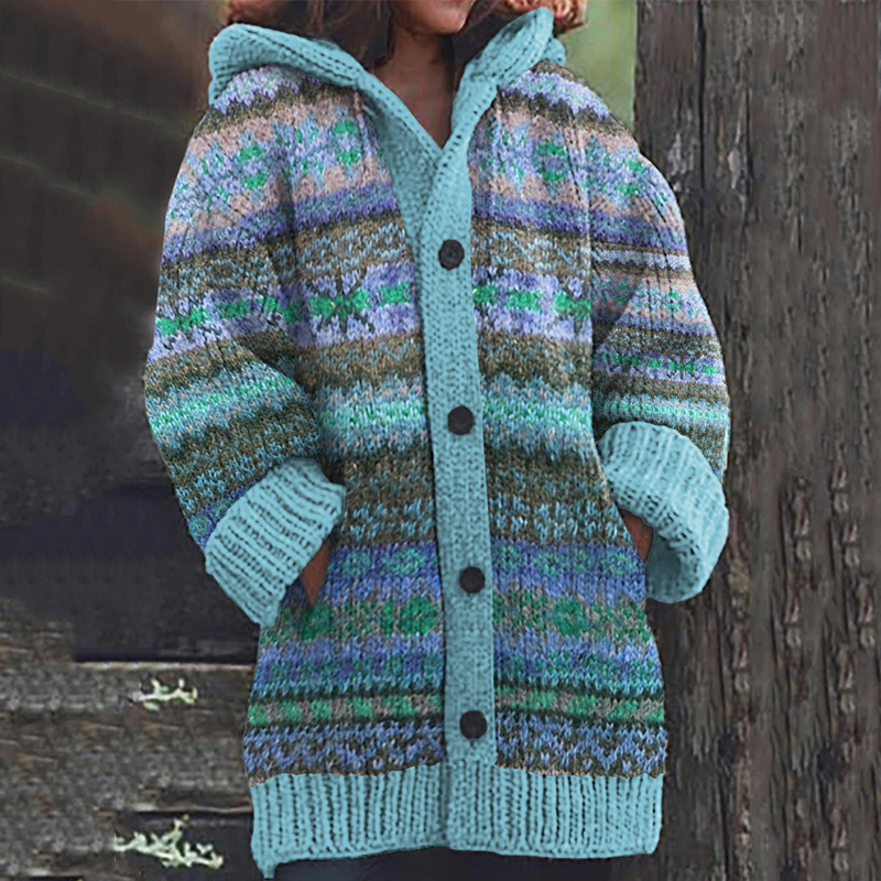 Women's Colorful Animal Print Hooded Button Cardigan Sweater