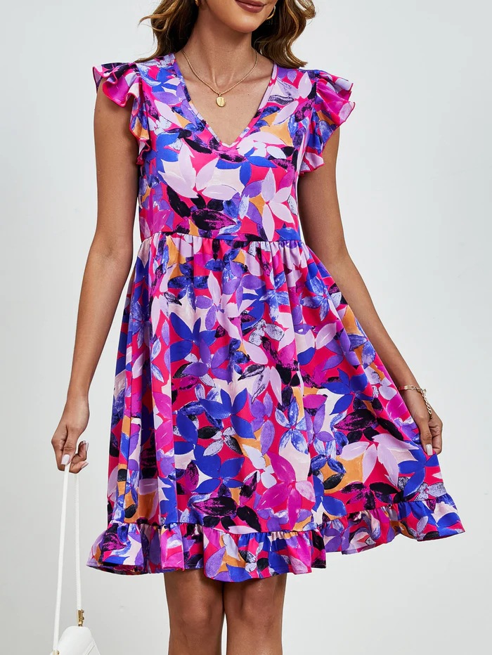 V-Neck Digital Print Ruffle Sleeve Porcelain Dress