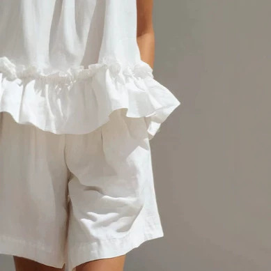Women's White Ruffle Cami and Mid-Thigh Shorts Cotton Set