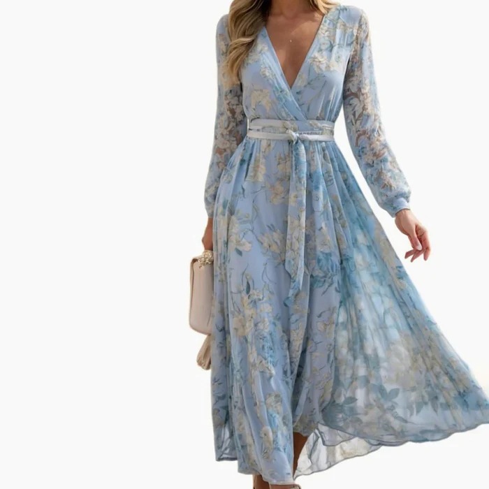 Floral Chiffon Long Sleeve V-Neck A-Line Maxi Dress