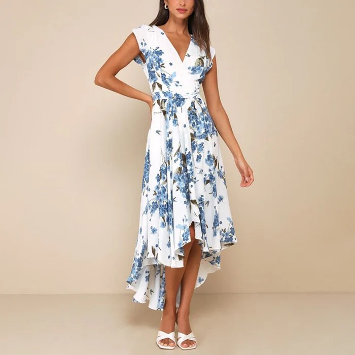 Women's V-Neck Digital Print Asymmetrical High-Low Dress Short Sleeve