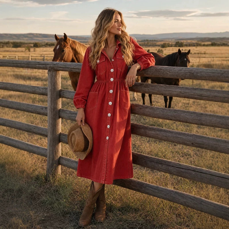 Western Vintage Solid Color Denim Long Dress