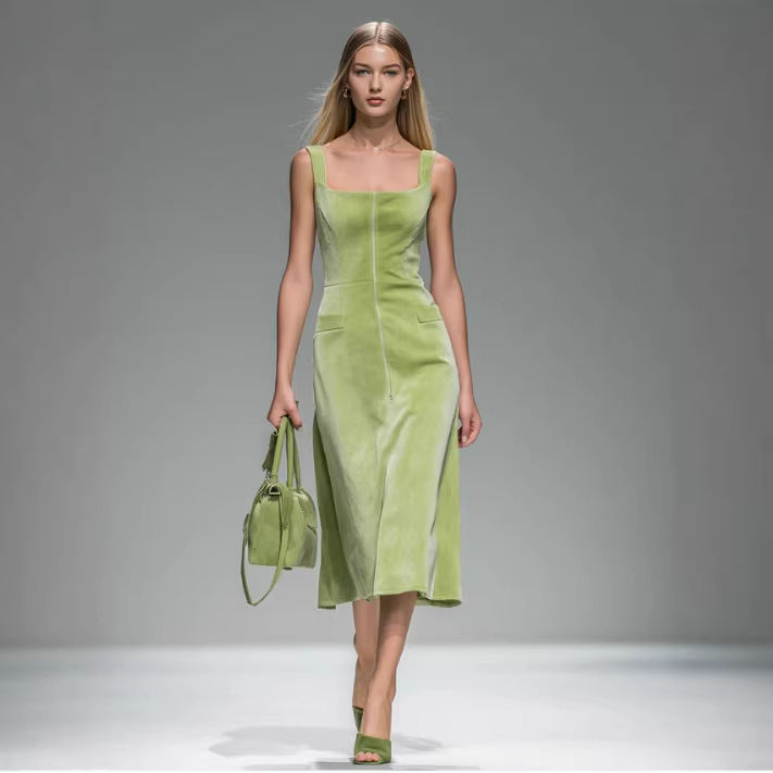 Retro Elegant Square Neck Sleeveless Velvet Midi Dress