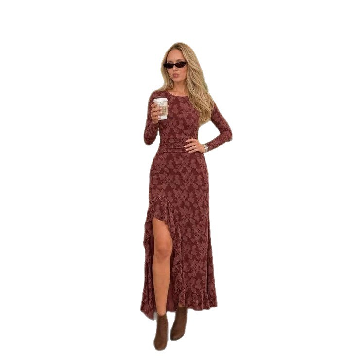 Women's Long Sleeve Round Neck Solid Color Slim Fit Split Dress