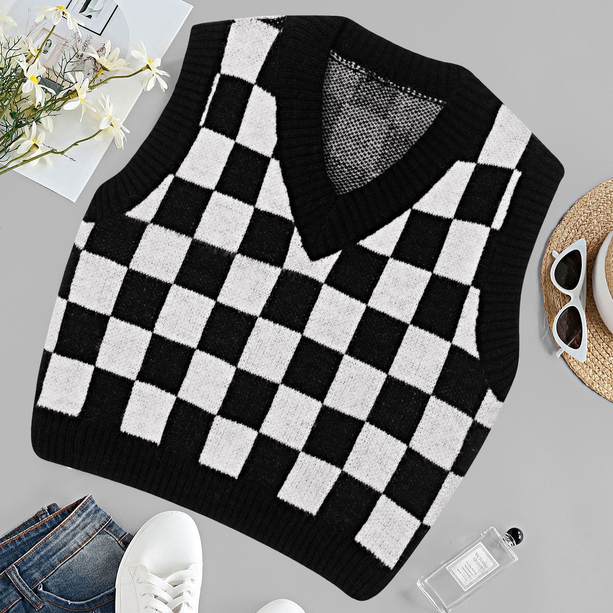 Retro Black and White Diamond Knit V-Neck Sweater Vest
