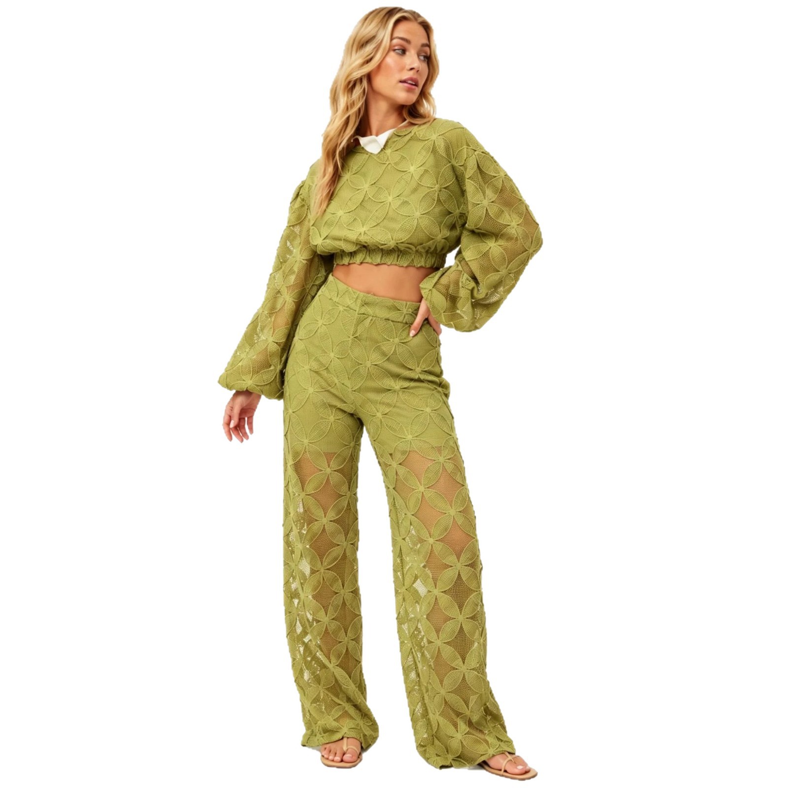French Vintage Women's Cutout Long Sleeve Top and Pants Set