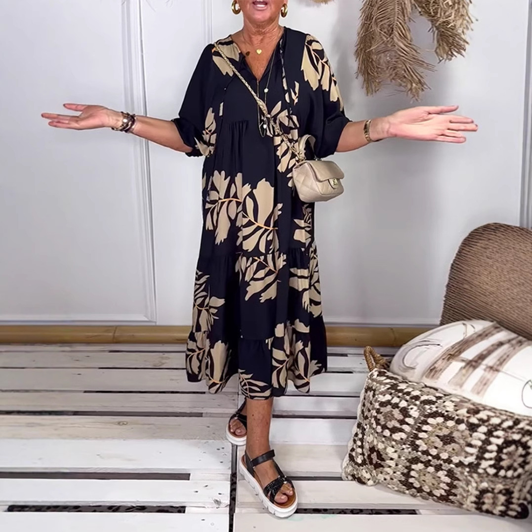 Elegant Floral Print V-Neck Long Sleeve Loose Dress