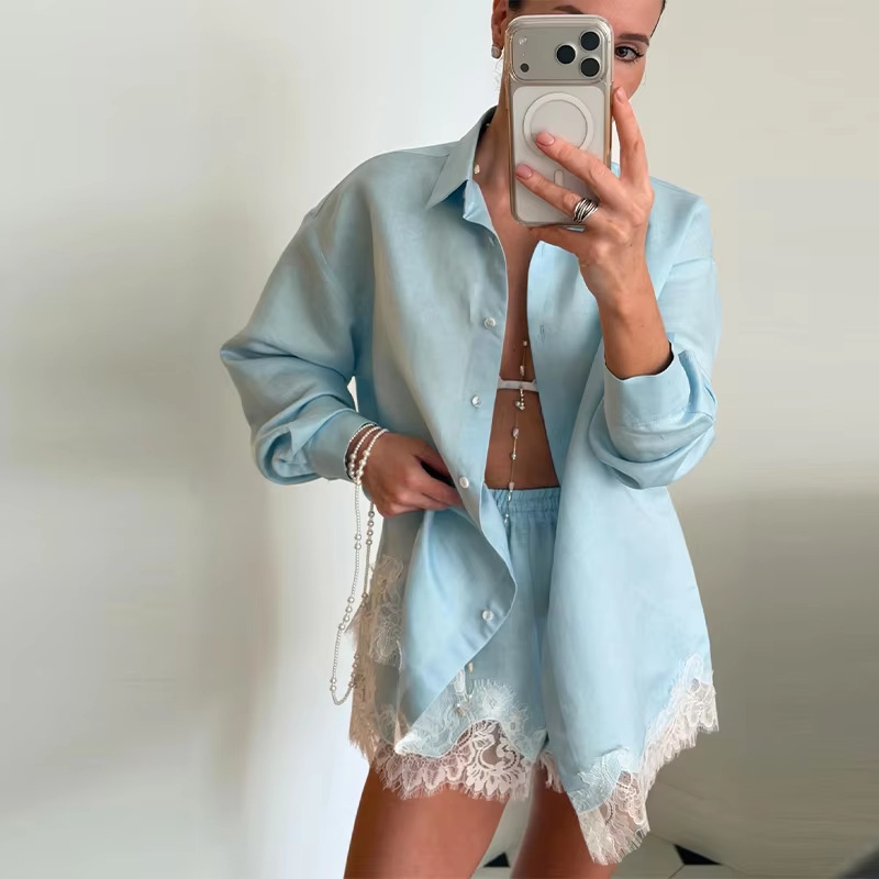 Women's Lace-Trim Shirt and Shorts Set Casual Two-Piece Outfit