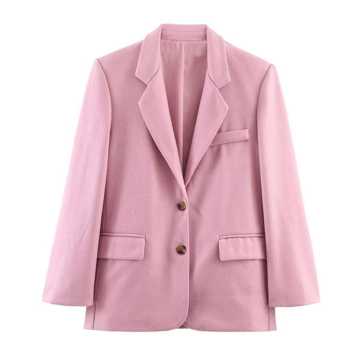 Pink Wool Blend Blazer Top for Women, Loose Fit Mid-Length Single-Breasted Suit Collar Commuter Style