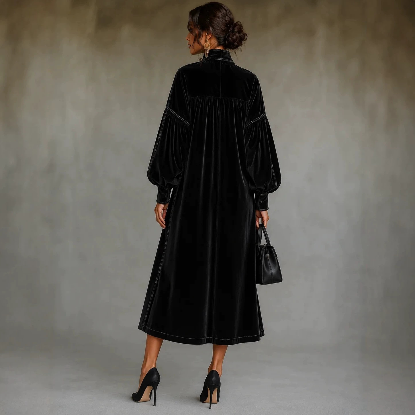 Black Velvet Bow Lantern-Sleeve Loose Midi Dress
