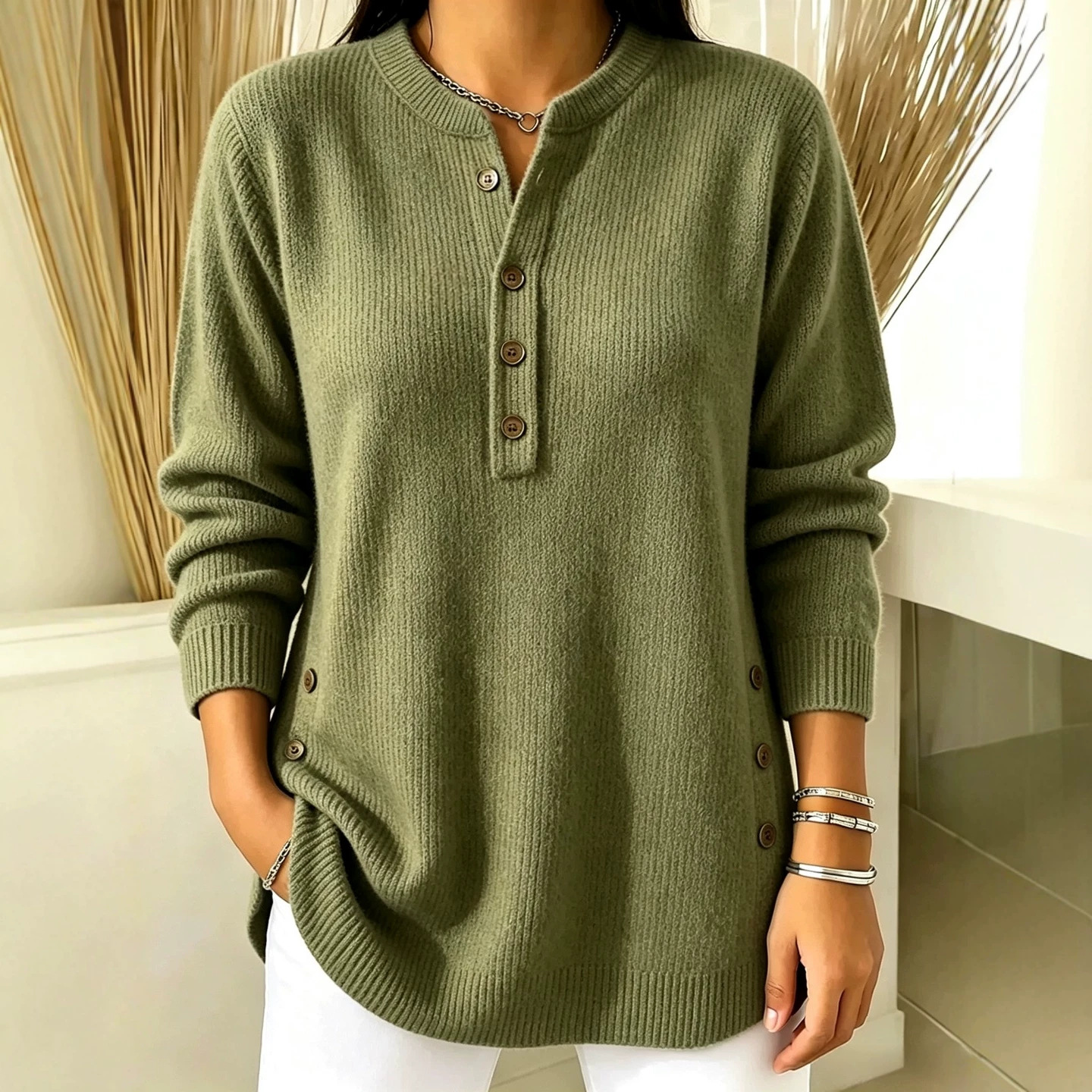 Women's V-Neck Button Knit Sweater Solid Color Loose Fit Top