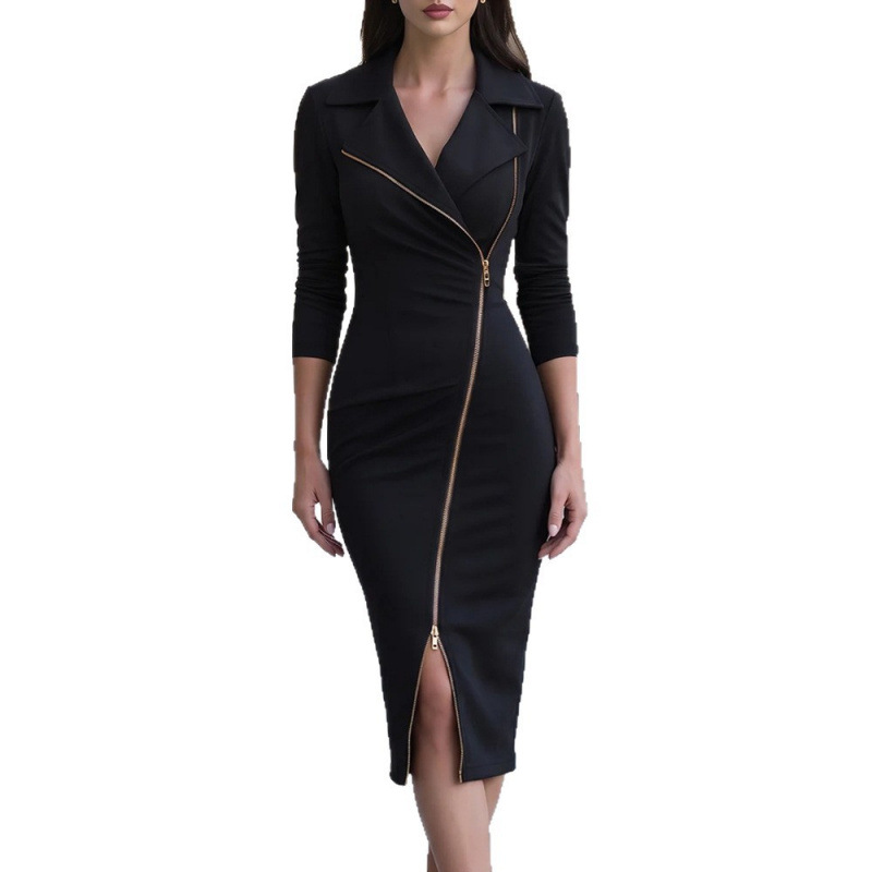 Women's Solid Color Fitted Long Sleeve Midi Dress with Suit Collar