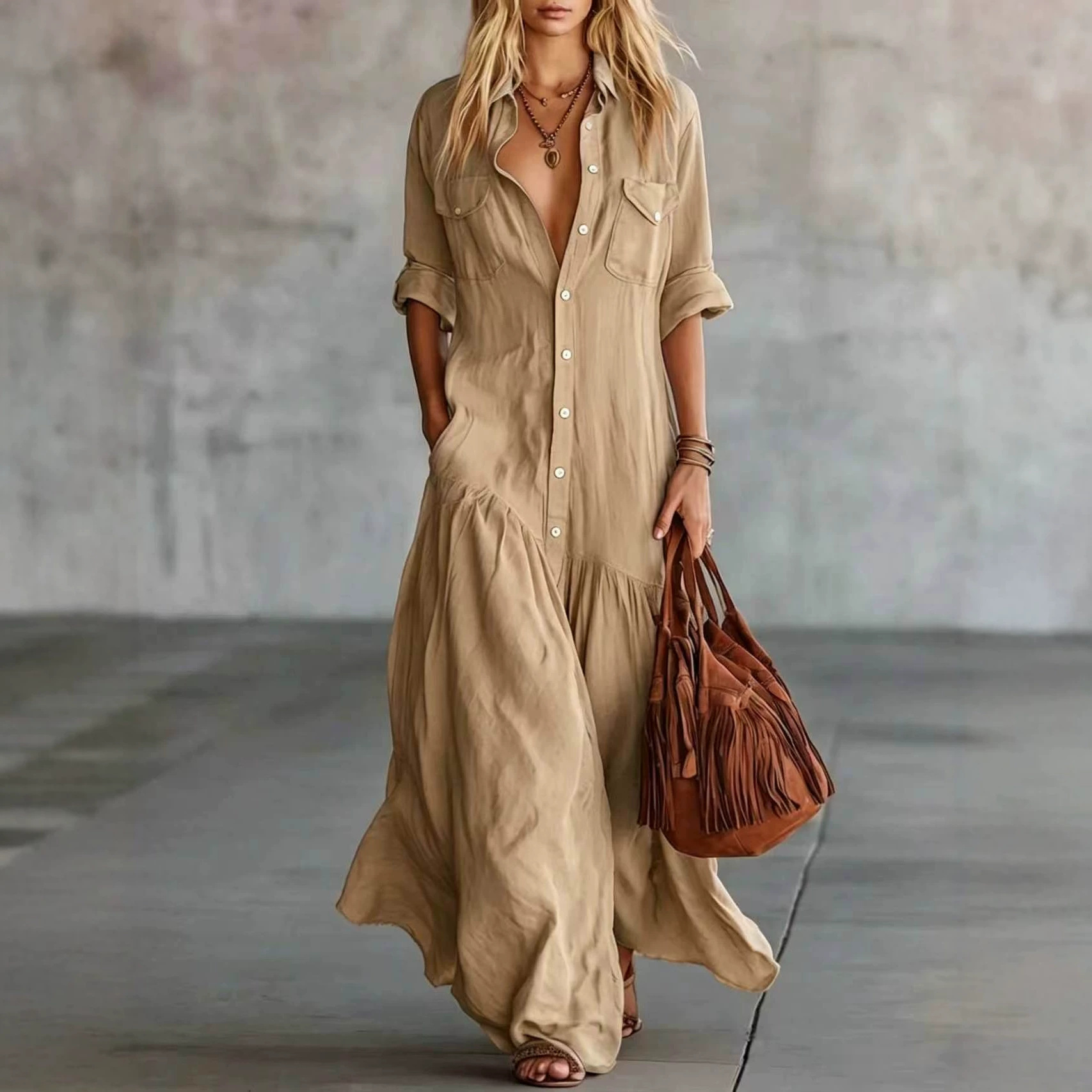 Women's Button-Front Short-Sleeve Solid Shirt Dress Casual Vacation Long Dress