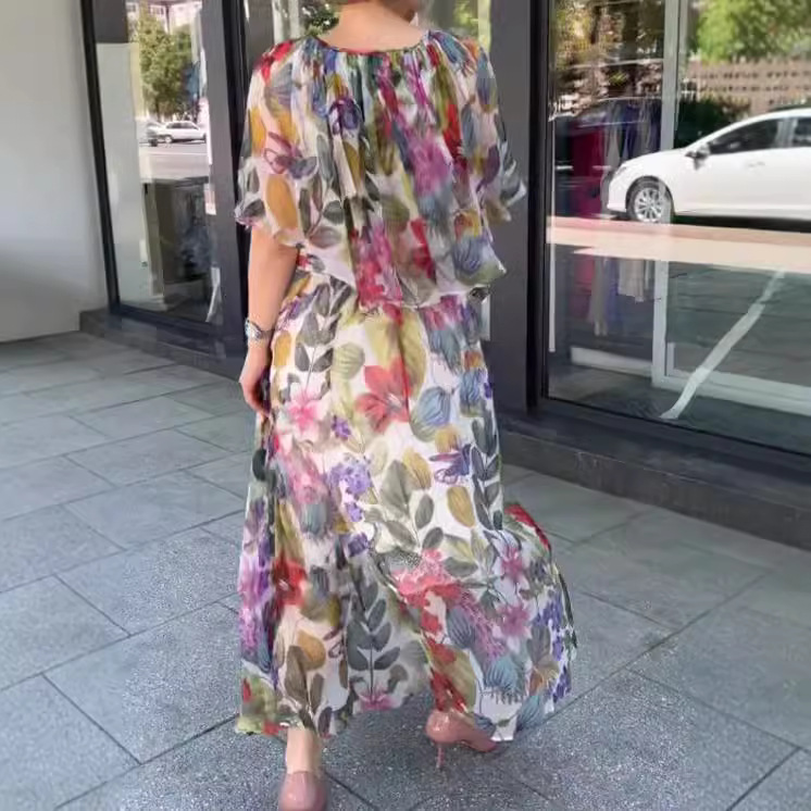 Women's Vintage Floral Print Short Sleeve Long Dress Slim Waist