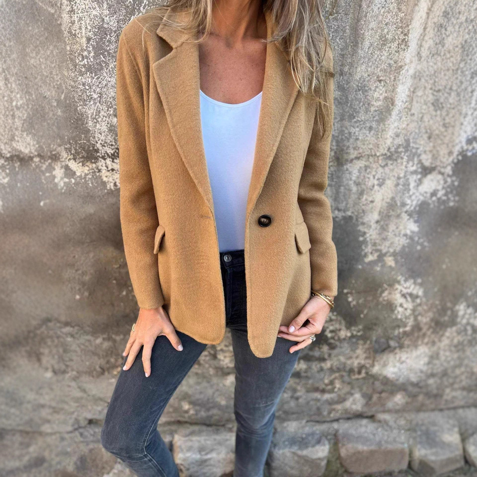 Women's Casual Wool-Blend Blazer with Lapel Collar and Button Front